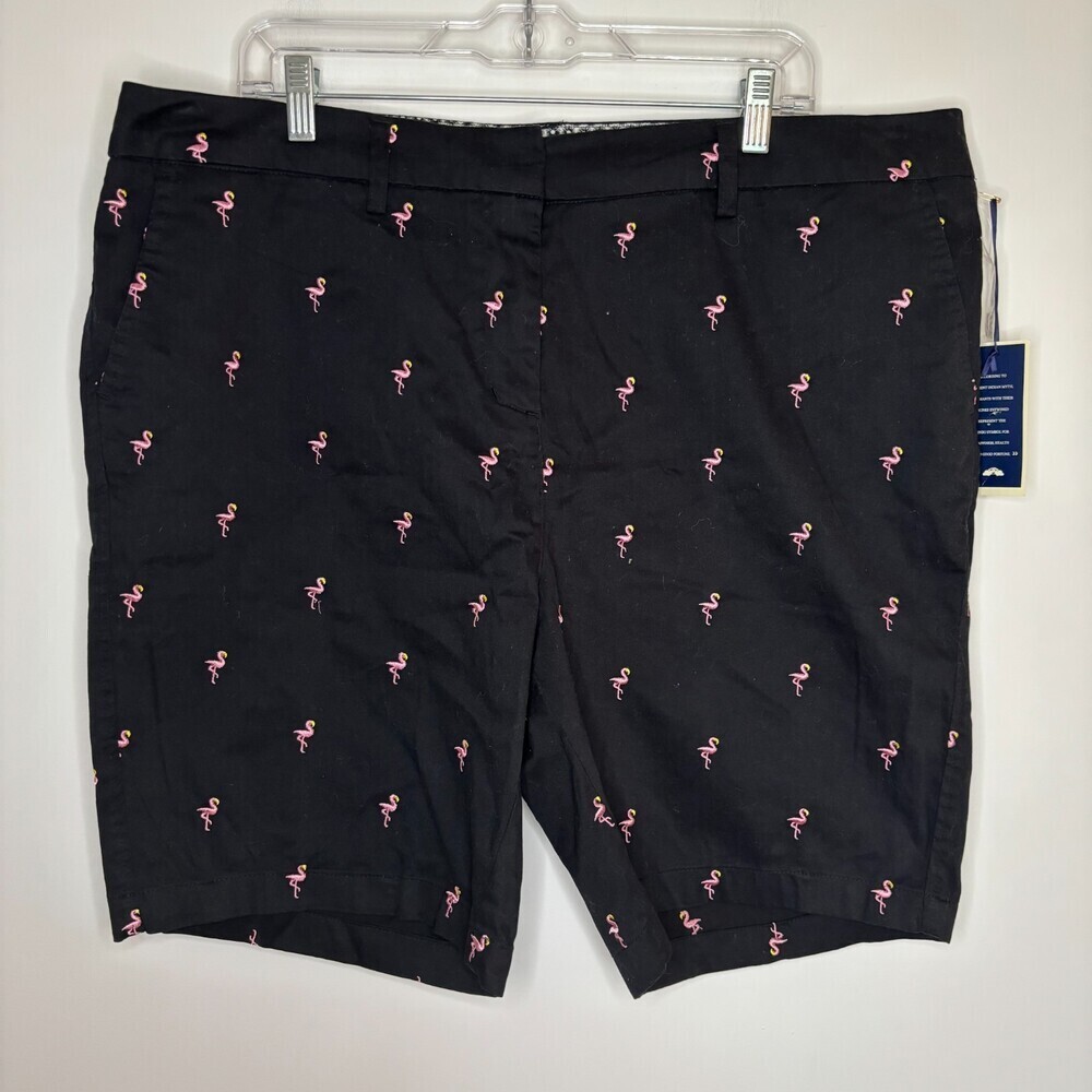 BRITISH KHAKI New Bermuda Shorts Womens 18W Black Pink Flamingo Slash Pockets